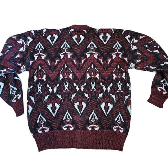 Vintage Mens Medium Grandpa Cardigan Sweater Maroon Geometric Leather Accents - Picture 5 of 7